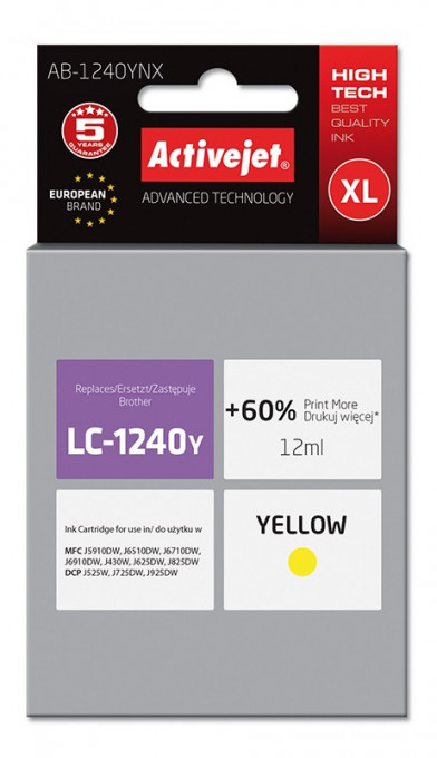 Cartus compatibil lc1240y yellow pentru brother, premium activejet, garantie 5 ani