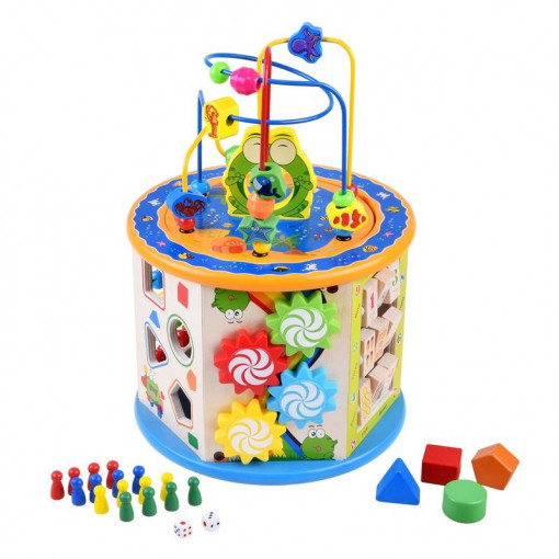 Cub activitati educative copii, 8 in 1, ceas, labirinturi, abac, forme geometrice, multicolor, lemn
