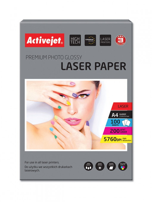 Hartie foto a4 premium 200 grame glossy, top 100 coli, activejet, laser