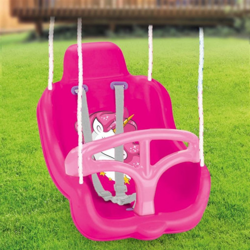 Leagan unicorn cu spatar inalt, pentru fetite, opritor picioare, centura siguranta, max 35 kg, roz