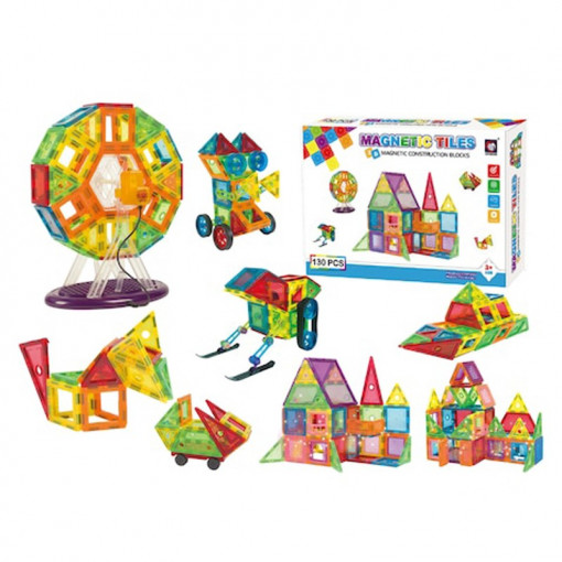 Set constructie magnetic 3d cu lumini led, diferite forme si culori, 130 piese