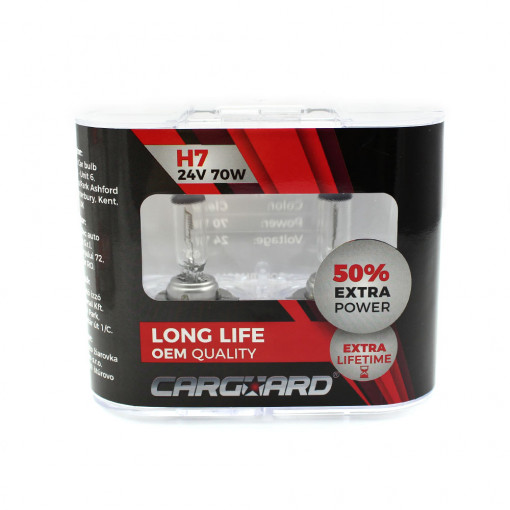 Set de 2 becuri Halogen 24V - H7, 70W, +50% Intensitate - LONG LIFE - CARGUARD