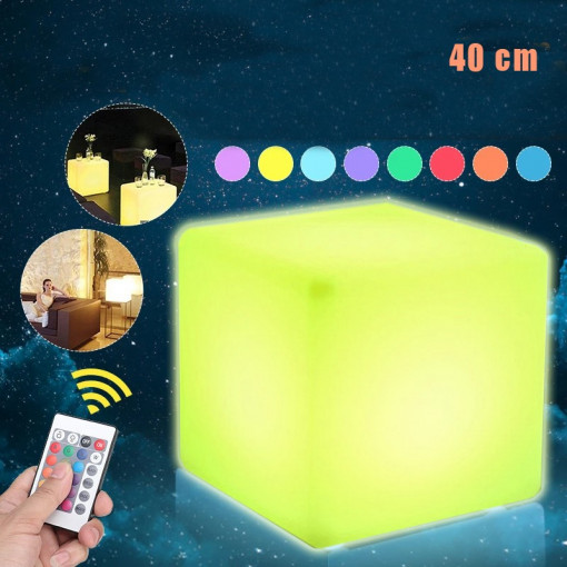 Taburet tip cub, cu led-uri, 40x40x40 cm, 16 culori diferite, 4 moduri, telecomanda