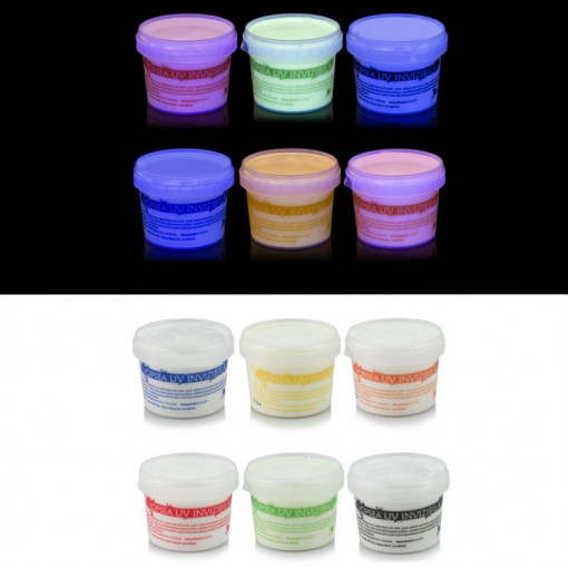 Vopsea invizibila fluorescenta reactiva uv, transparenta colorata, set 6 recipient 750 g