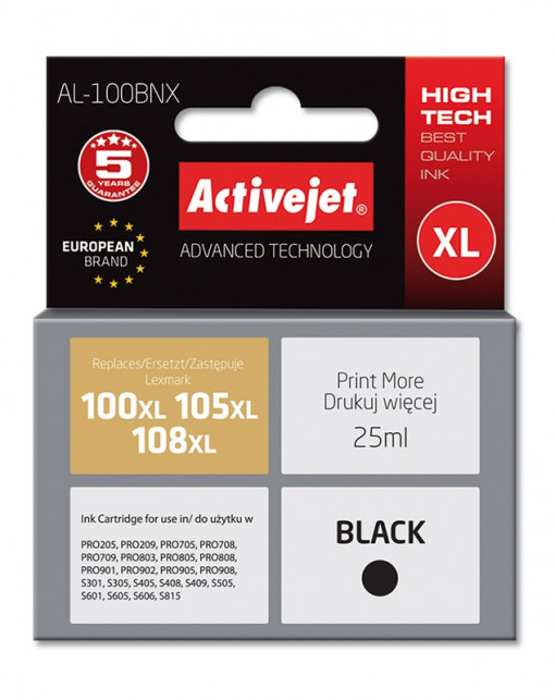 Cartus compatibil 100xl 108xl black pentru lexmark 14n1068e, 25 ml, premium activejet, garantie 5 ani
