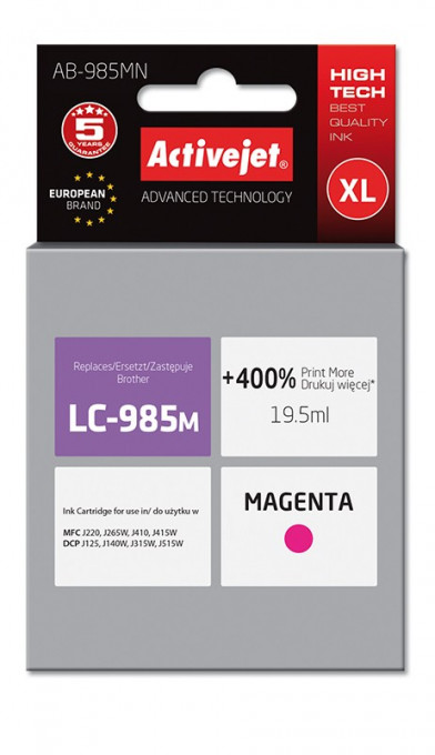 Cartus compatibil lc 985m xl magenta pentru brother, premium activejet, garantie 5 ani
