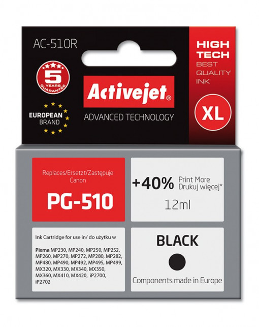 Cartus compatibil pg-510 black pentru canon, 12 ml, premium activejet, garantie 5 ani