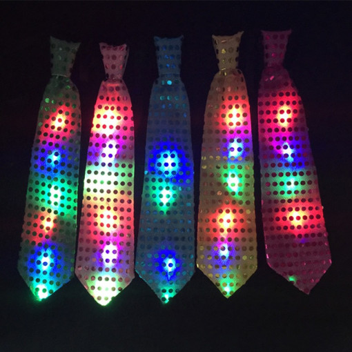 Cravata luminoasa led rgb cu paiete, textil, 3 moduri iluminare, 33 cm