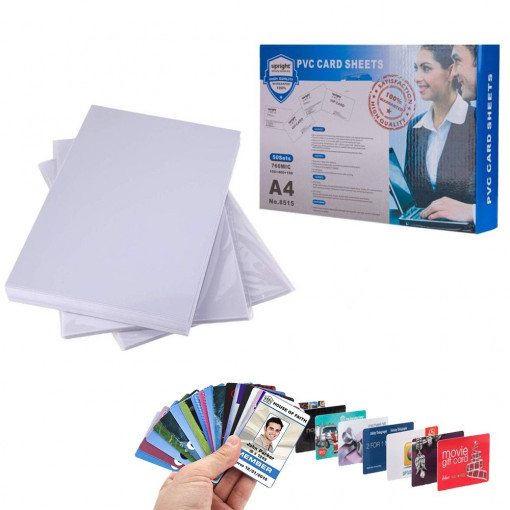 Set 100 folii pvc pentru carti de vizita, format a4, 760 microni, printabile inkjet, bright office