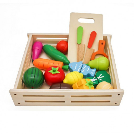Set ladita cu fructe si legume din lemn, pentru feliat, tocator, cutite, prindere magnetica