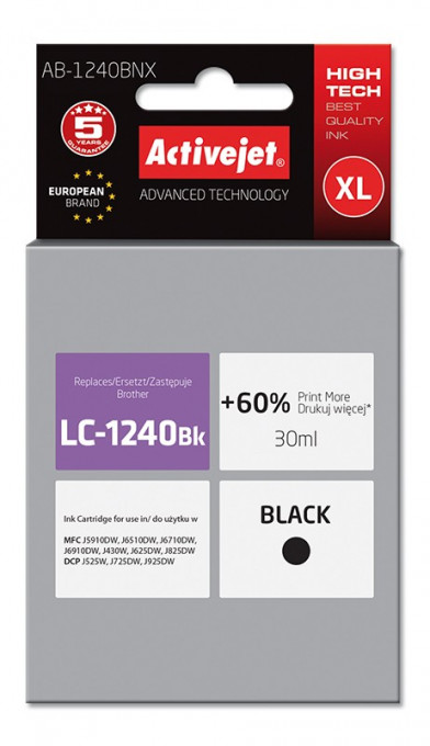 Cartus compatibil lc1240bk black pentru brother, premium activejet, garantie 5 ani