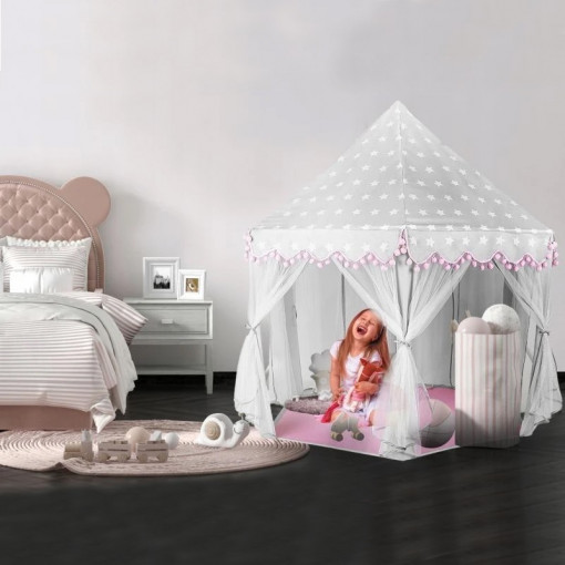 Cort tip castel, forma hexagonala, 135x140 cm, 6 ferestre cu perdele, pliabil, husa depozitare