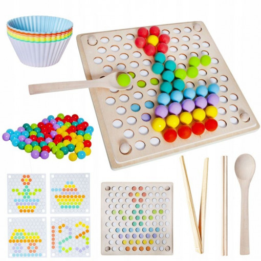 Puzzle tip montessori cu margele colorate din lemn, accesorii incluse, dezvoltare motricitate si memorie