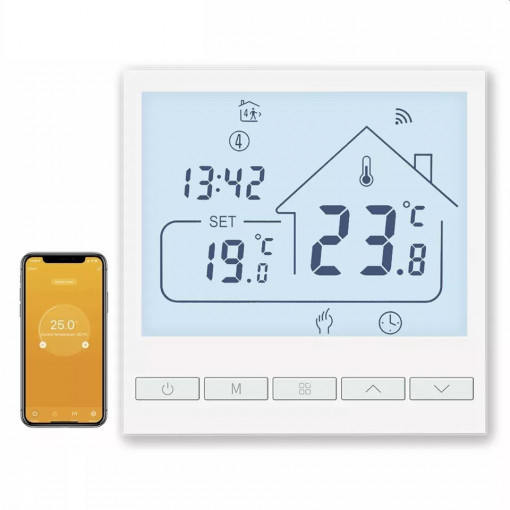 Termostat digital smart, wifi, control vocal, programare saptamanala, lcd, compatibil incalzire in pardoseala