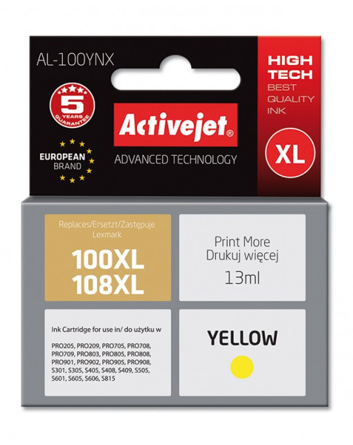 Cartus compatibil 100xl 108xl yellow pentru lexmark 14n1071e, 13 ml, premium activejet, garantie 5 ani
