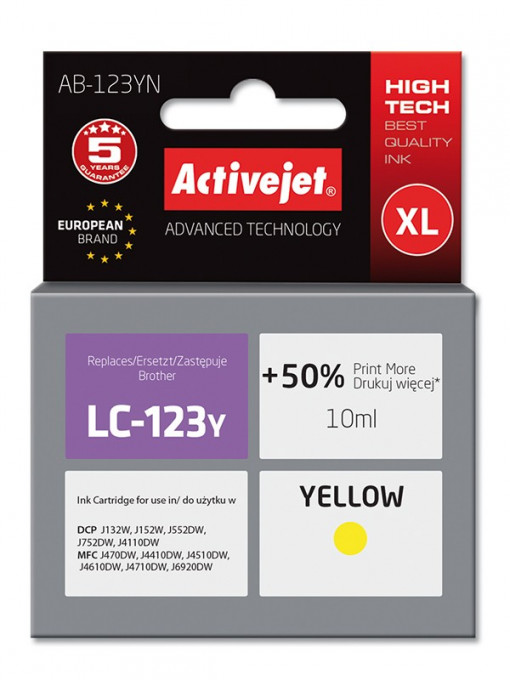 Cartus compatibil lc123 yellow pentru brother, premium activejet, garantie 5 ani