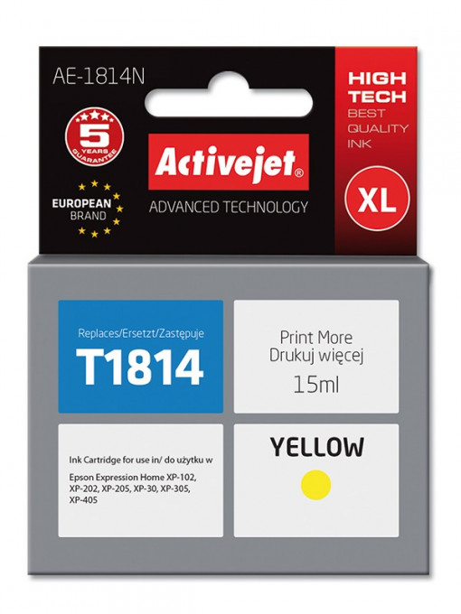 Cartus compatibil t1814 yellow pentru epson c13t18144010, premium activejet, garantie 5 ani