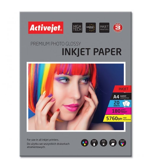 Hartie foto a4 premium, activejet glossy 180g, top 20 coli