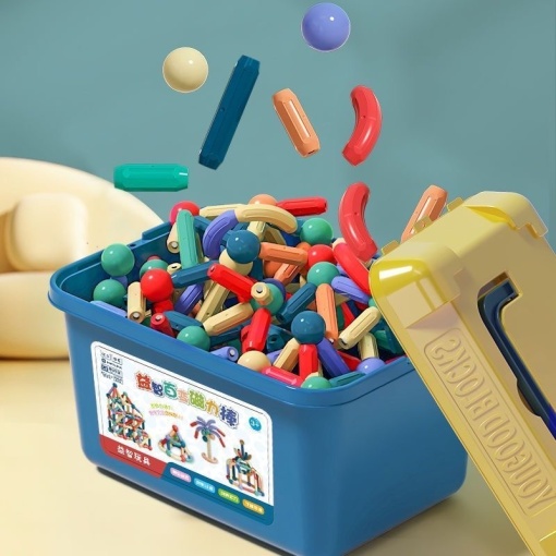 Set magnetic de constructie pentru copii, 136 piese multicolor, cutie depozitare, 2.9-8.6 cm
