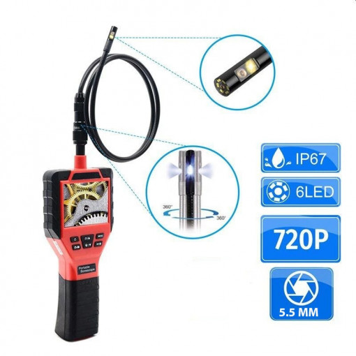 Camera endoscop 5.5 mm, 6 led-uri, 1 m, usb, slot card sd, lcd 3.5 inch