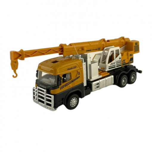 Camion cu macara basculabila, iluminata led, efecte sonore, macheta 1:60, 17x6x3 cm
