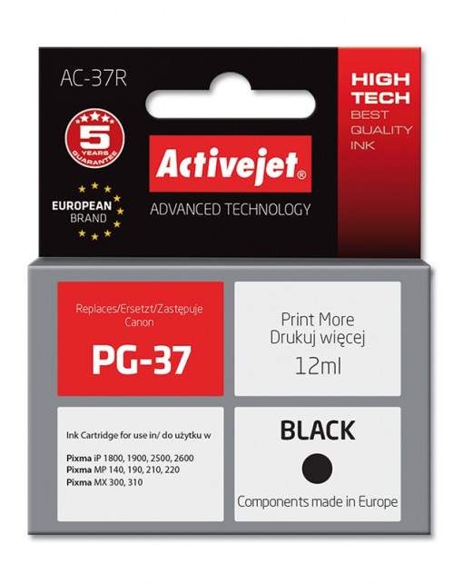 Cartus compatibil pg-37 black pentru canon, 12 ml, premium activejet, garantie 5 ani