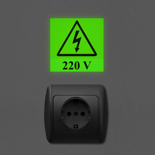 Semn avertizare pericol electrocutare 220v fosforescent, 7x7 cm