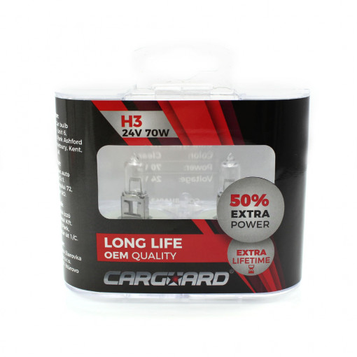 Set de 2 becuri Halogen 24V - H3, 70W, +50% Intensitate - LONG LIFE - CARGUARD