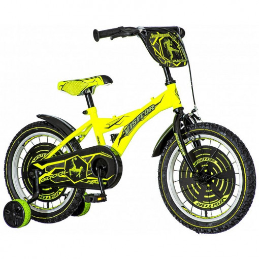 Bicicleta 16 inch, 2 roti ajutatoare, frana v-brake, footbal, galben neon