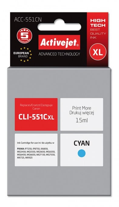 Cartus compatibil cli-551c cyan pentru canon, 15 ml, premium activejet, garantie 5 ani