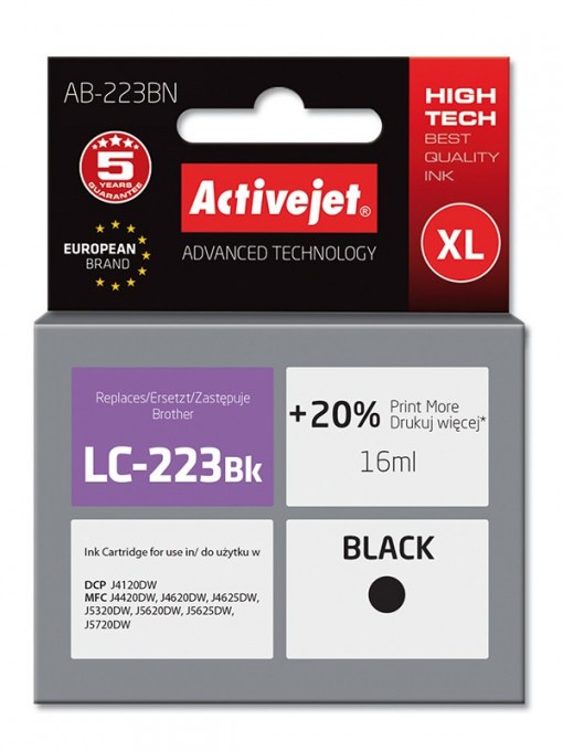 Cartus compatibil lc223 black pentru brother, premium activejet, garantie 5 ani