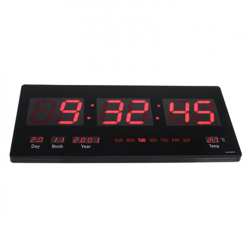 Ceas digital perete, afisaj led, ora 12/24, calendar, temperatura, negru
