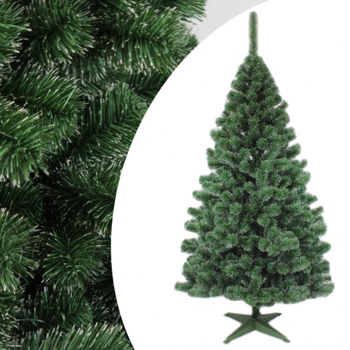 Brad artificial de craciun, pin cashmere 220 cm, varfuri albe, ace subtiri, verde natural