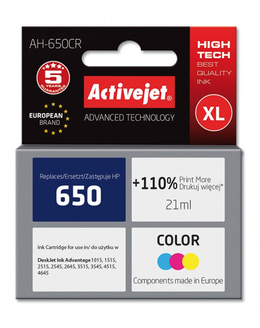 Cartus compatibi ac-hp 650 color pentru hp cz102ae, premium activejet, garantie 5 ani