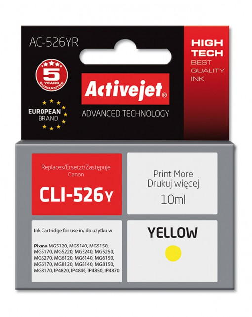 Cartus compatibil canon cli-526y yellow, 10 ml, premium activejet, garantie 5 ani