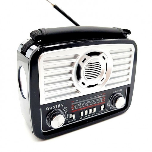 Radio portabil bluetooth, retro, reincarcabil usb, slot tf, aux, mp3, lanterna incorporata, am/fm/sw