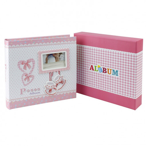 Album foto baby milo personalizabil, 200 poze format 10x15 cm, cutie culoare roz