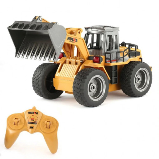 Buldozer cu telecomanda 6 canale, reincarcabil usb, cupa metalica, tractiune 4x4, rotire 360 grade, led