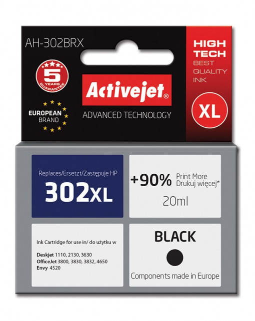 Cartus compatibil hp 302 xl black pentru hp, 20 ml, premium activejet, garantie 5 ani
