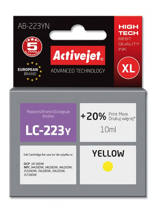 Cartus compatibil lc223 yellow pentru brother, premium activejet, garantie 5 ani