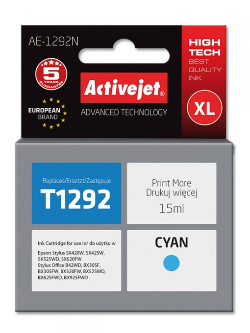 Cartus compatibil t1292 cyan pentru epson c13t12924010, premium activejet, garantie 5 ani
