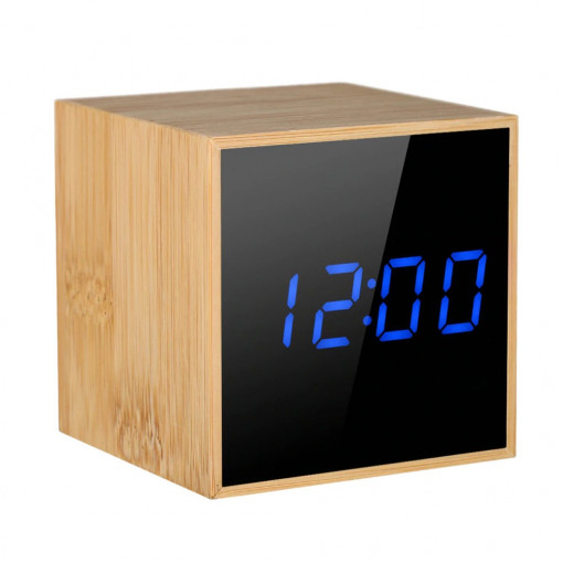 Ceas de birou, led albastru, senzor sunet, 3 alarme, data, temperatura, cub bambus