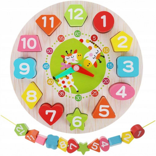 Ceas educativ pentru copii, puzzle lemn cifre limba engleza, +3 ani