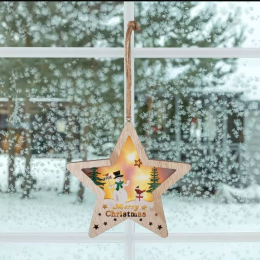 Decoratiune stea iluminata led, pentru usa sau geam, temporizator, lemn, 17 cm