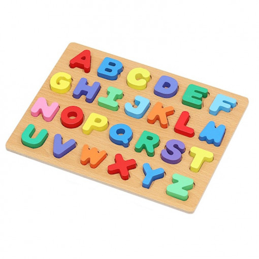 Puzzle educativ din lemn, literele alfabetului, 26 piese multicolore