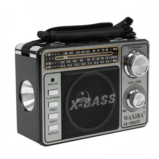 Radio portabil fm/sw/am, mp3 player, slot sd, usb, lanterna, argintiu, waxiba