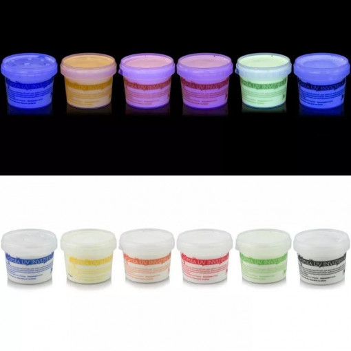 Vopsea invizibila fluorescenta reactiva uv, transparenta colorata, set 6 recipient 100 g