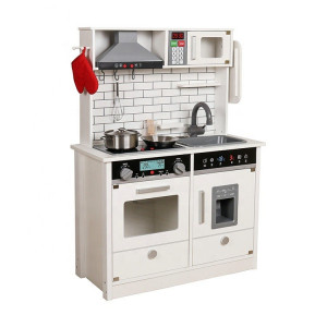 Bucatarie de lemn pentru copii, iluminata, efecte sonore, 4 accesorii incluse, design vintage, 65x30x93 cm, alb - Img 3