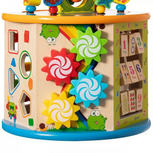 Cub activitati educative copii, 8 in 1, ceas, labirinturi, abac, forme geometrice, multicolor, lemn - Img 9