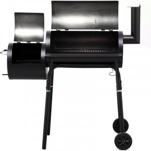 Gratar bbq pentru carbuni, 2 compartimente, grill si afumatoare, raft, horn, roti transport, termometru - Img 7